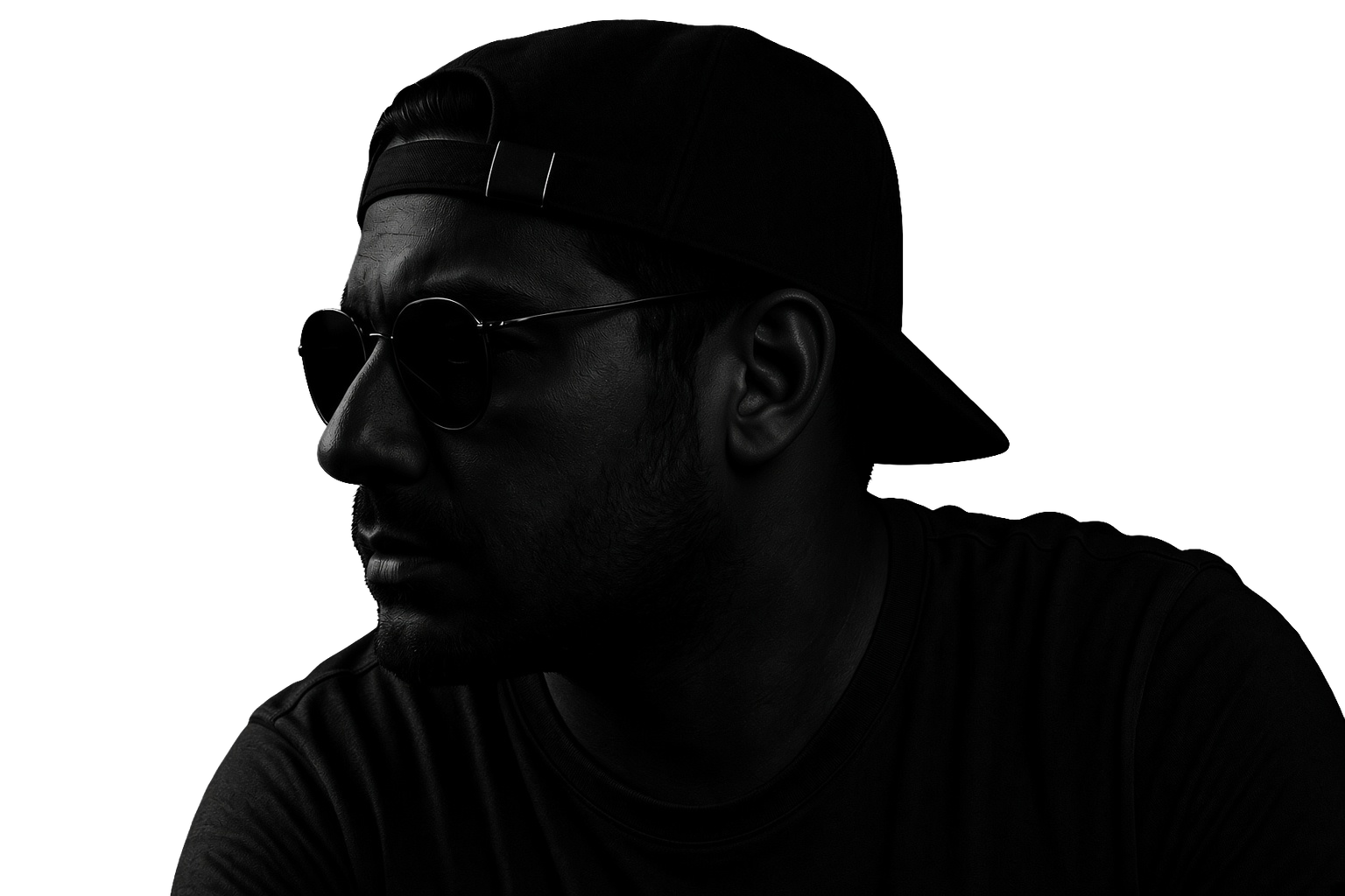 Mohamed Elgazzar in black, wearing a backward cap and dark sunglasses.